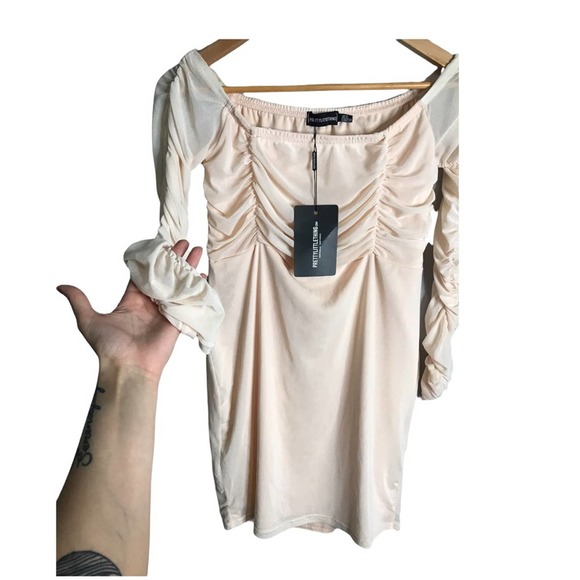 PrettyLittleThing | New Blush Ruched Mesh Bardot Bodycon Dress - Picture 7 of 12